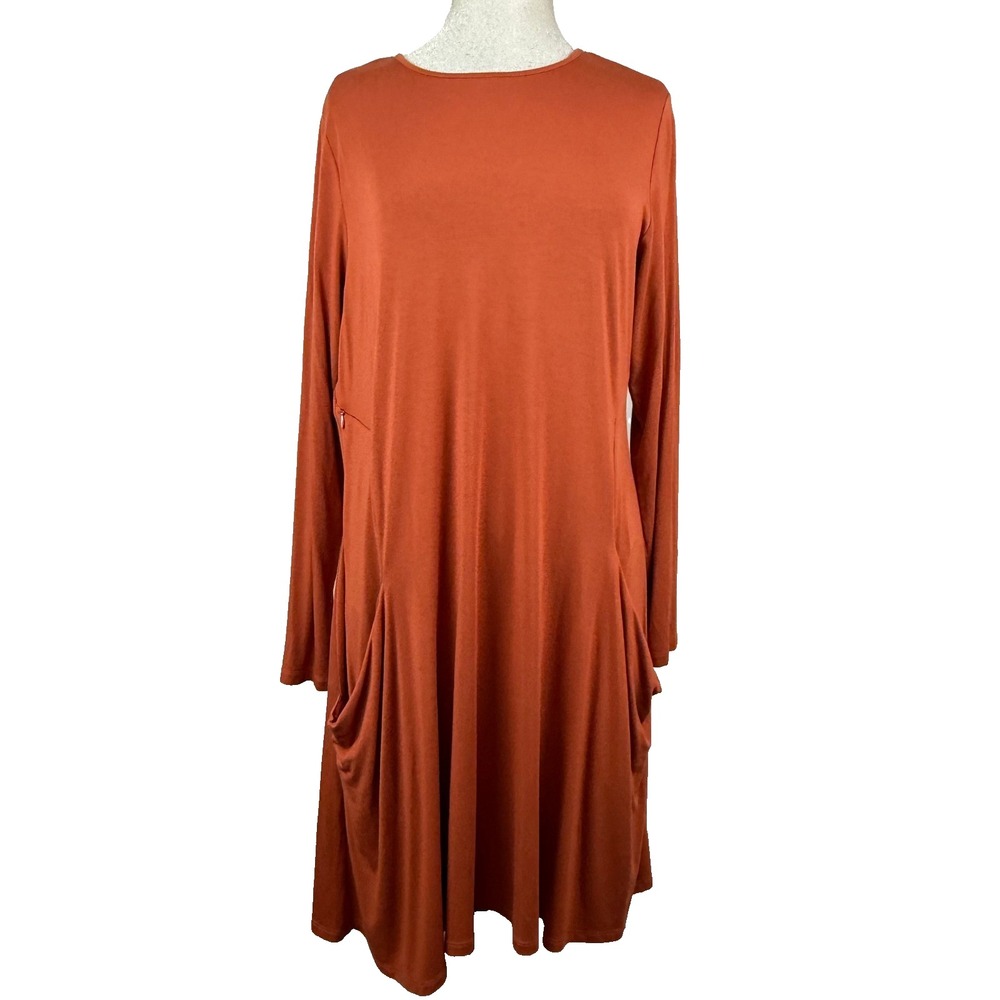 Betabrand Dress Women L Orange Long Sleeve Silk Blend Draped Pocket Lagenlook